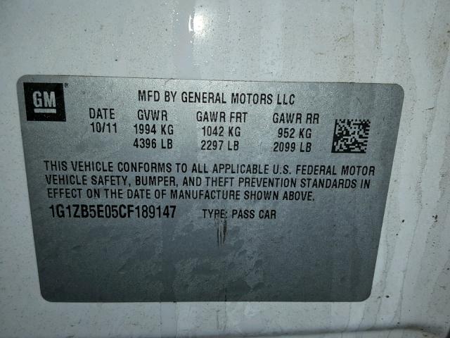 1G1ZB5E05CF189147 - 2012 CHEVROLET MALIBU LS WHITE photo 10