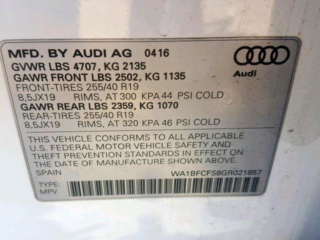 WA1BFCFS8GR021857 - 2016 AUDI Q3 PREMIUM WHITE photo 10