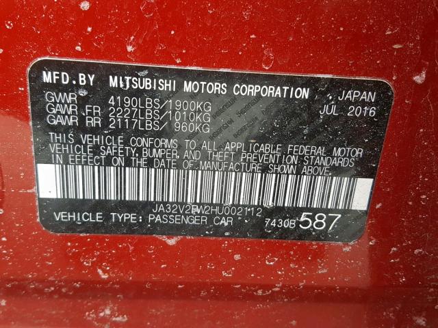 JA32V2FW2HU002112 - 2017 MITSUBISHI LANCER ES RED photo 10