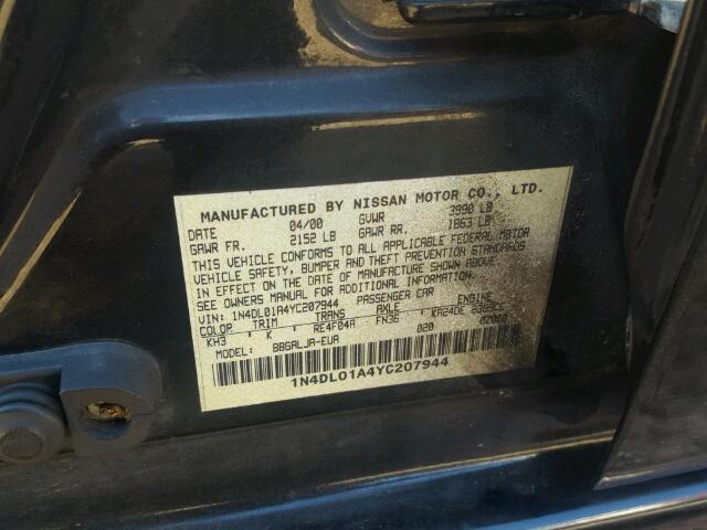 1N4DL01A4YC207944 - 2000 NISSAN ALTIMA XE BLACK photo 10