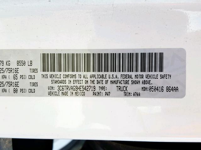 3C6TRVAG9HE542719 - 2017 RAM PROMASTER WHITE photo 10