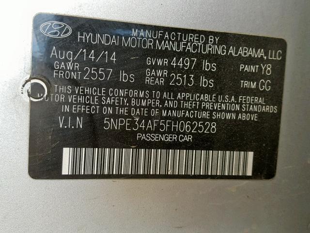 5NPE34AF5FH062528 - 2015 HYUNDAI SONATA SPO SILVER photo 10