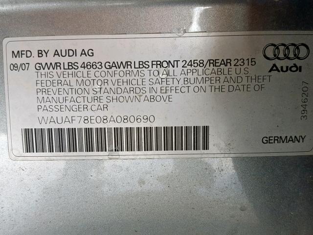 WAUAF78E08A080690 - 2008 AUDI A4 2.0T GRAY photo 10
