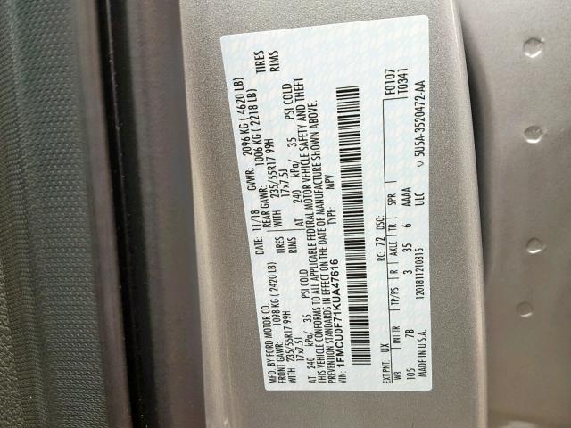 1FMCU0F71KUA47616 - 2019 FORD ESCAPE S SILVER photo 10