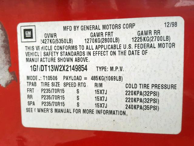 1GNDT13W2X2149854 - 1999 CHEVROLET BLAZER RED photo 10