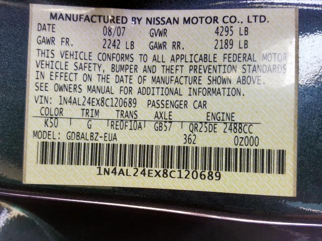 1N4AL24EX8C120689 - 2008 NISSAN ALTIMA 2.5S  photo 10