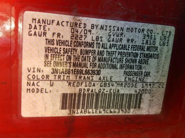 3N1AB61E69L663930 - 2009 NISSAN SENTRA 2.0 BURGUNDY photo 10