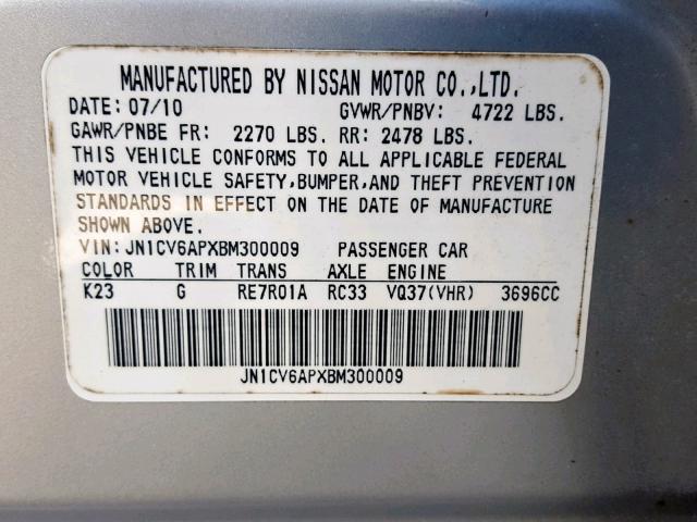 JN1CV6APXBM300009 - 2011 INFINITI G37 BASE SILVER photo 10