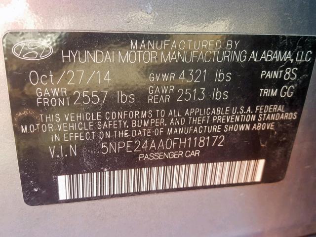 5NPE24AA0FH118172 - 2015 HYUNDAI SONATA ECO SILVER photo 10