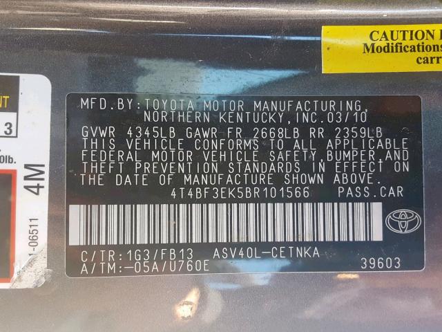 4T4BF3EK5BR101566 - 2011 TOYOTA CAMRY BASE GRAY photo 10