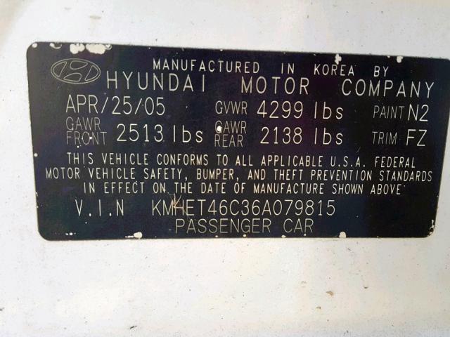 KMHET46C36A079815 - 2006 HYUNDAI SONATA GL WHITE photo 10