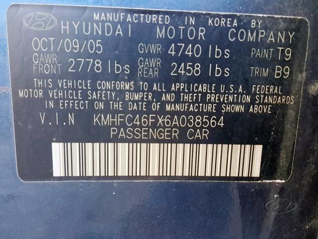 KMHFC46FX6A038564 - 2006 HYUNDAI AZERA SE BLUE photo 10