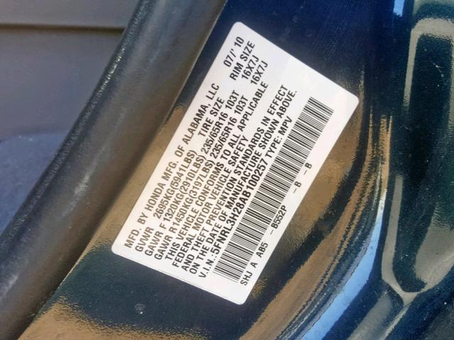 5FNRL3H28AB100257 - 2010 HONDA ODYSSEY LX BLACK photo 10