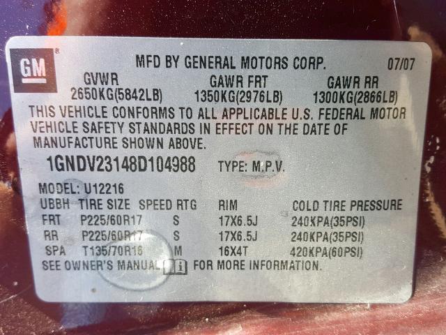 1GNDV23148D104988 - 2008 CHEVROLET UPLANDER L 栗色 照片 10