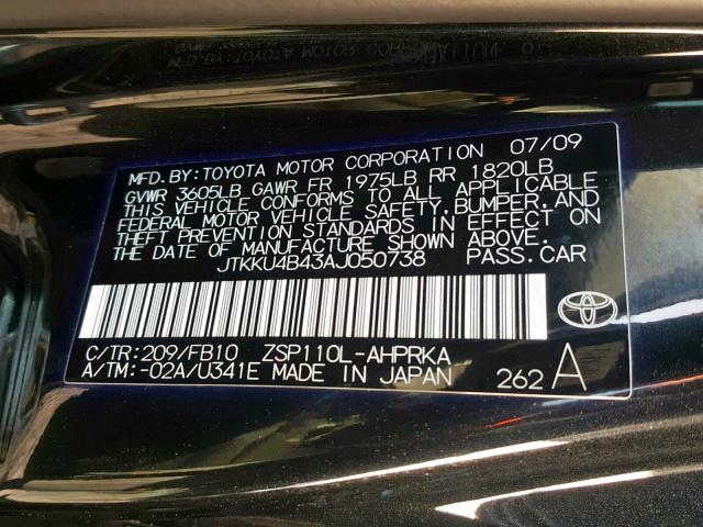 JTKKU4B43AJ050738 - 2010 TOYOTA SCION XD BLACK photo 10