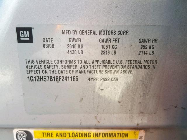 1G1ZH57B18F241166 - 2008 CHEVROLET MALIBU 1LT 银色 照片 10