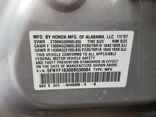 5FNYF18308B030084 - 2008 HONDA PILOT SE SILVER photo 10