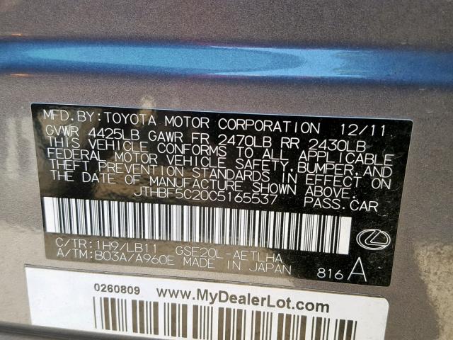 JTHBF5C20C5165537 - 2012 LEXUS IS 250 GRAY photo 10