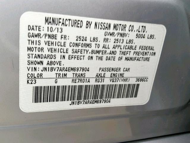 JN1BV7AR4EM697904 - 2014 INFINITI Q50 BASE SILVER photo 10