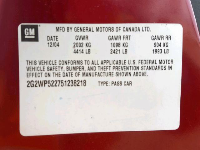 2G2WP522751238218 - 2005 PONTIAC GRAND PRIX RED photo 10