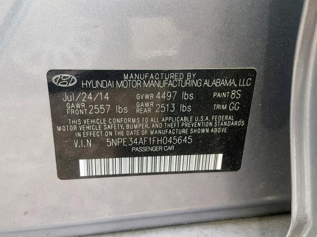 5NPE34AF1FH045645 - 2015 HYUNDAI SONATA SPO SILVER photo 10