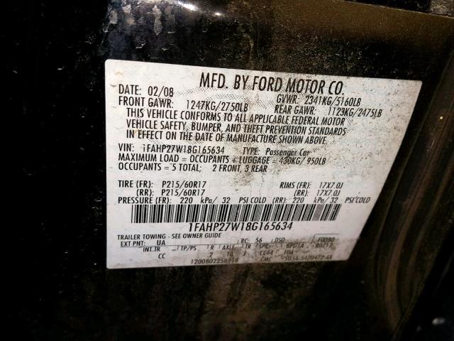 1FAHP27W18G165634 - 2008 FORD TAURUS SEL BLACK photo 10