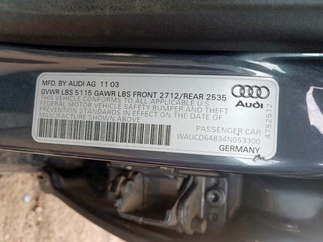 WAUCD64B34N053300 - 2004 AUDI A6 S-LINE QUATTRO  photo 10