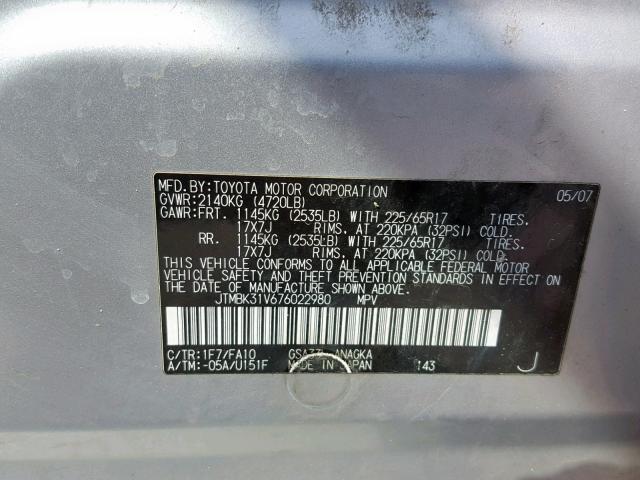 JTMBK31V676022980 - 2007 TOYOTA RAV4 LIMIT SILVER photo 10