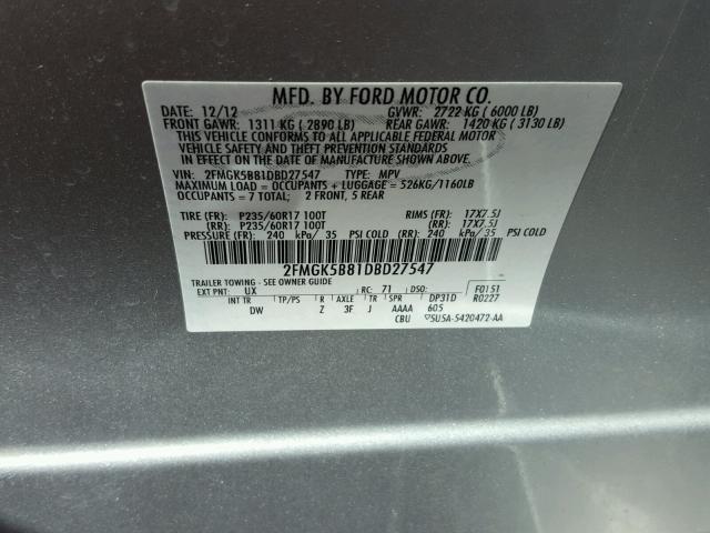 2FMGK5B81DBD27547 - 2013 FORD FLEX SE SILVER photo 10