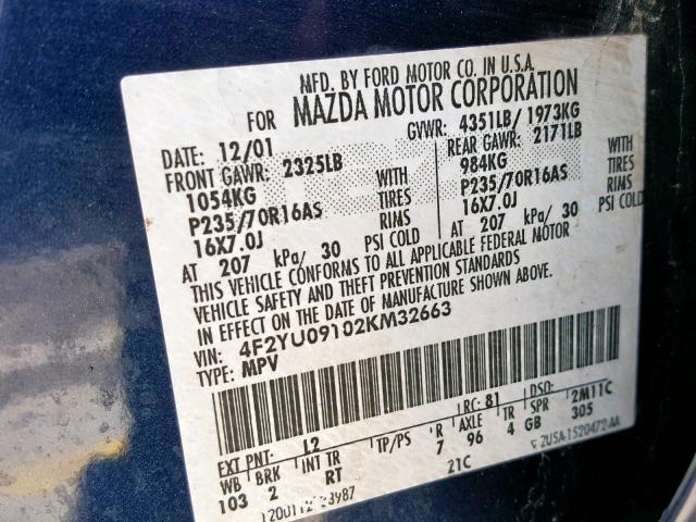 4F2YU09102KM32663 - 2002 MAZDA TRIBUTE LX BLUE photo 10