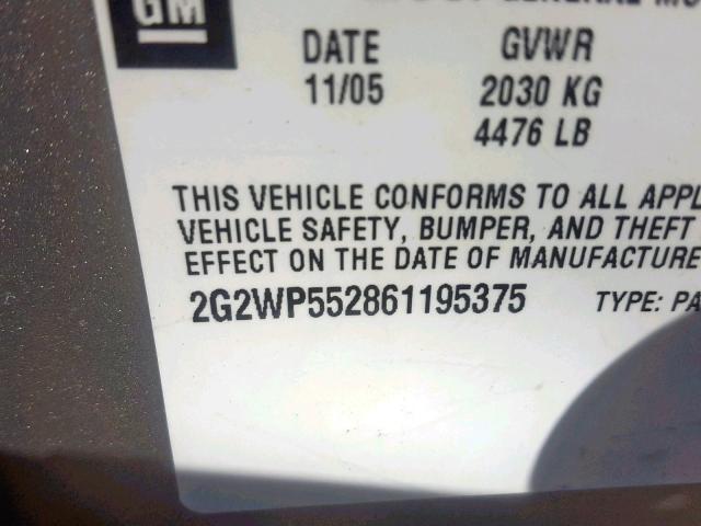 2G2WP552861195375 - 2006 PONTIAC GRAND PRIX SILVER photo 10