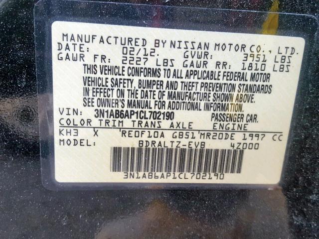 3N1AB6AP1CL702190 - 2012 NISSAN SENTRA 2.0 BLACK photo 10