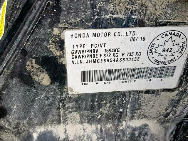 JHMGE8H54AS800433 - 2010 HONDA FIT LX BLACK photo 9