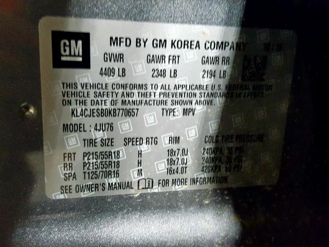 KL4CJESB0KB770657 - 2019 BUICK ENCORE PRE GRAY photo 10