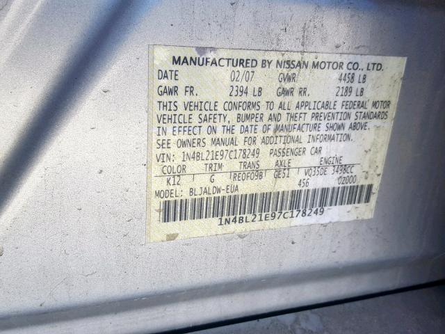 1N4BL21E97C178249 - 2007 NISSAN ALTIMA 3.5 SILVER photo 10