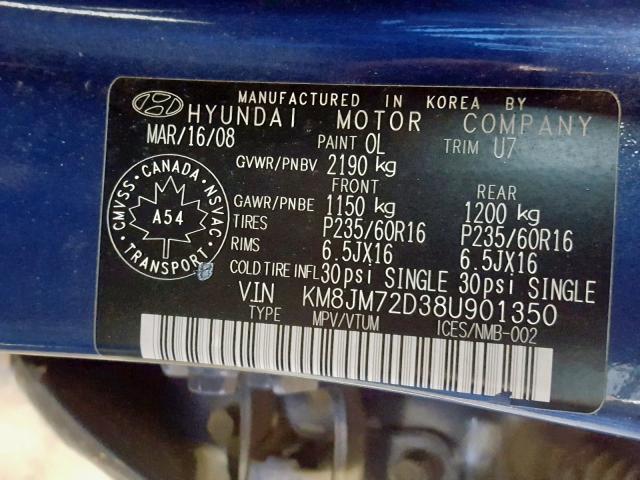 KM8JM72D38U901350 - 2008 HYUNDAI TUCSON GL BLUE photo 10