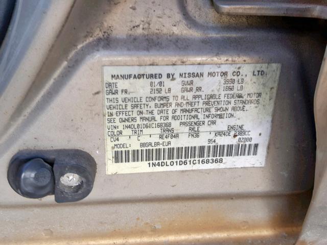 1N4DL01D61C168368 - 2001 NISSAN ALTIMA XE TAN photo 10