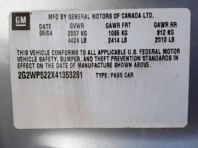 2G2WP522X41353281 - 2004 PONTIAC GRAND PRIX SILVER photo 10