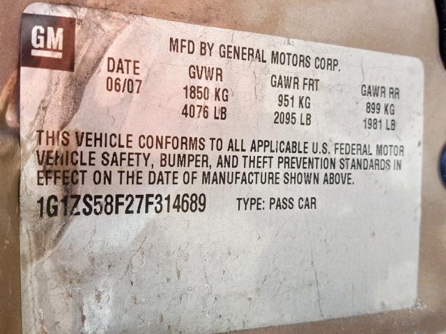 1G1ZS58F27F314689 - 2007 CHEVROLET MALIBU LS BROWN photo 10