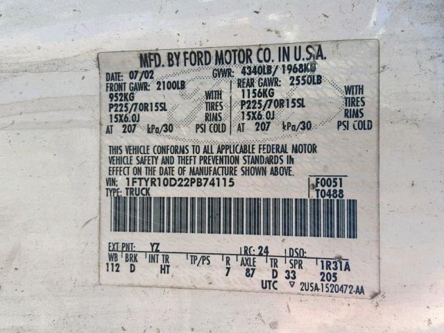 1FTYR10D22PB74115 - 2002 FORD RANGER WHITE photo 10