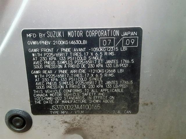 JS3TD0D23A4100165 - 2010 SUZUKI GRAND VITA SILVER photo 10