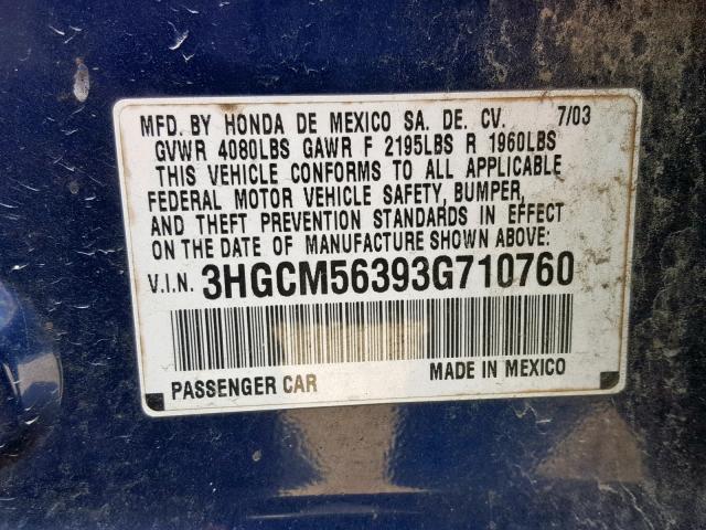 3HGCM56393G710760 - 2003 HONDA ACCORD LX BLUE photo 10