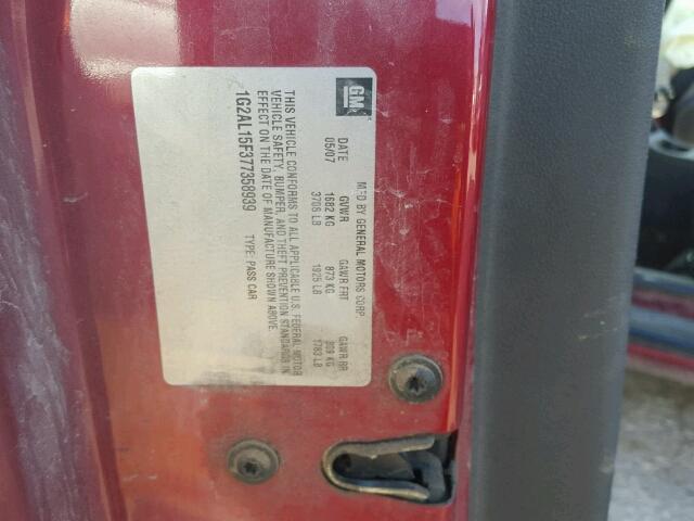 1G2AL15F377358939 - 2007 PONTIAC G5 MAROON photo 10