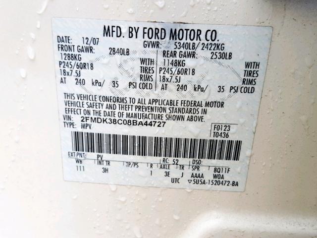 2FMDK38C08BA44727 - 2008 FORD EDGE SEL CREAM photo 10