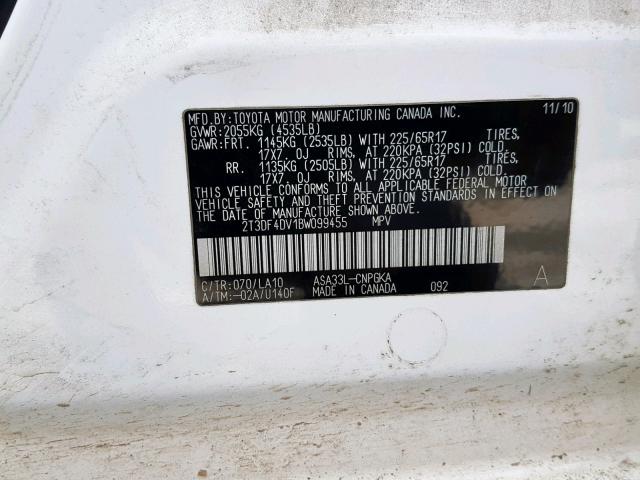 2T3DF4DV1BW099455 - 2011 TOYOTA RAV4 LIMIT WHITE photo 10