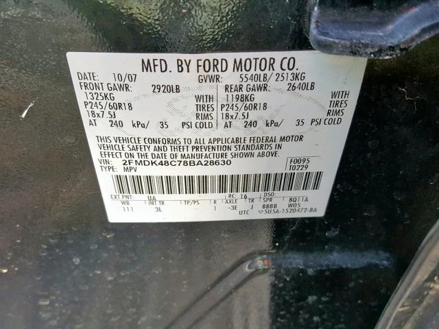 2FMDK48C78BA28630 - 2008 FORD EDGE SEL BLACK photo 10