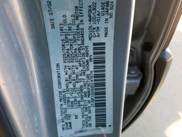 JTJGF10UX20147674 - 2002 LEXUS RX 300 SILVER photo 10