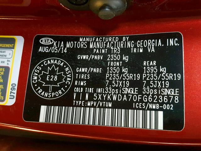 5XYKWDA70FG623678 - 2015 KIA SORENTO SX RED photo 10