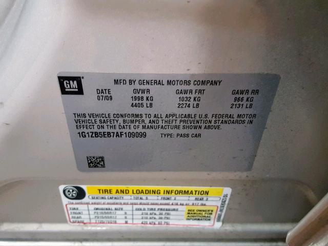 1G1ZB5EB7AF109099 - 2010 CHEVROLET MALIBU LS GOLD photo 10