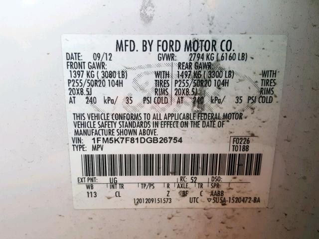 1FM5K7F81DGB26754 - 2013 FORD EXPLORER L WHITE photo 10